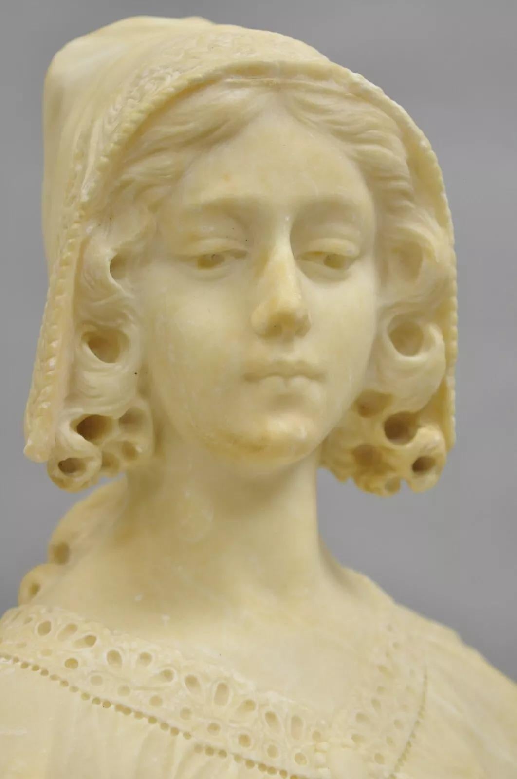 Antique Victorian Carved Alabaster Marble Figural Young Woman Maiden Bust Statue For Sale 1
