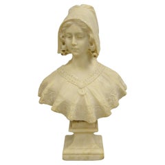 Antique Victorian Carved Alabaster Marble Figural Young Woman Maiden Bust Statue