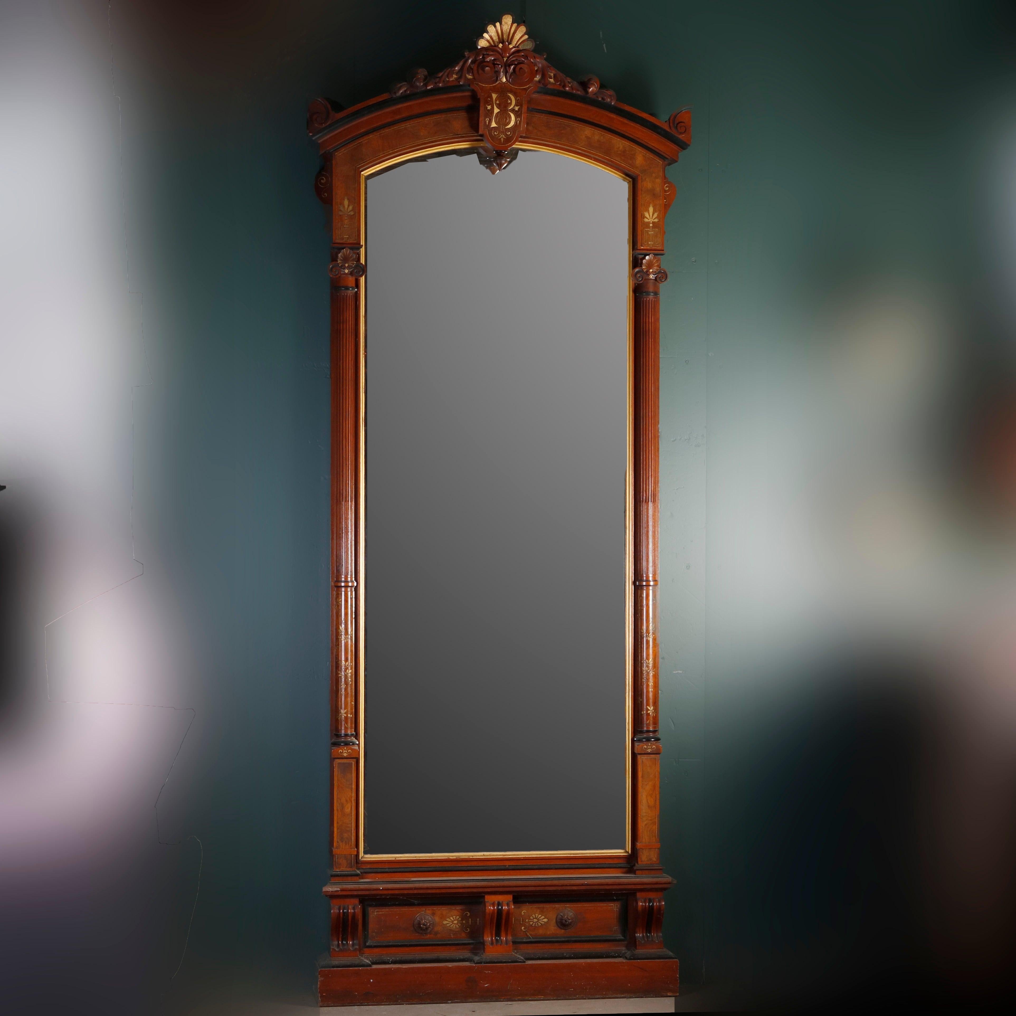 Antique Victorian Carved Burl and Ebonized Parcel Gilt Pier Mirror at