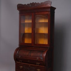 Antique Victorian Carved Burl Walnut Cylinder Bookcase Secretary, circa 1880