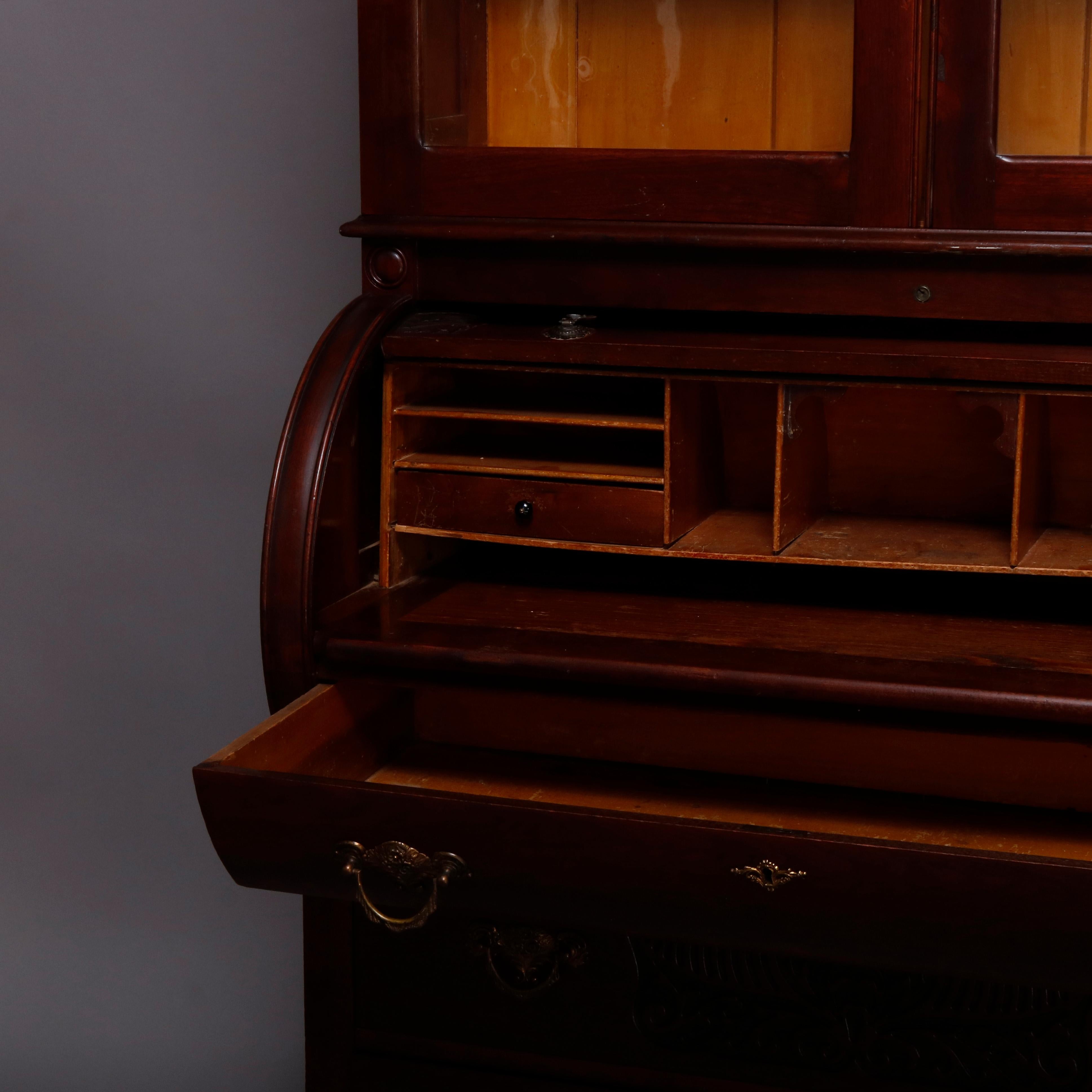 Antique Victorian Carved Burl Walnut Cylinder Bookcase Secretary, circa 1880 In Good Condition In Big Flats, NY