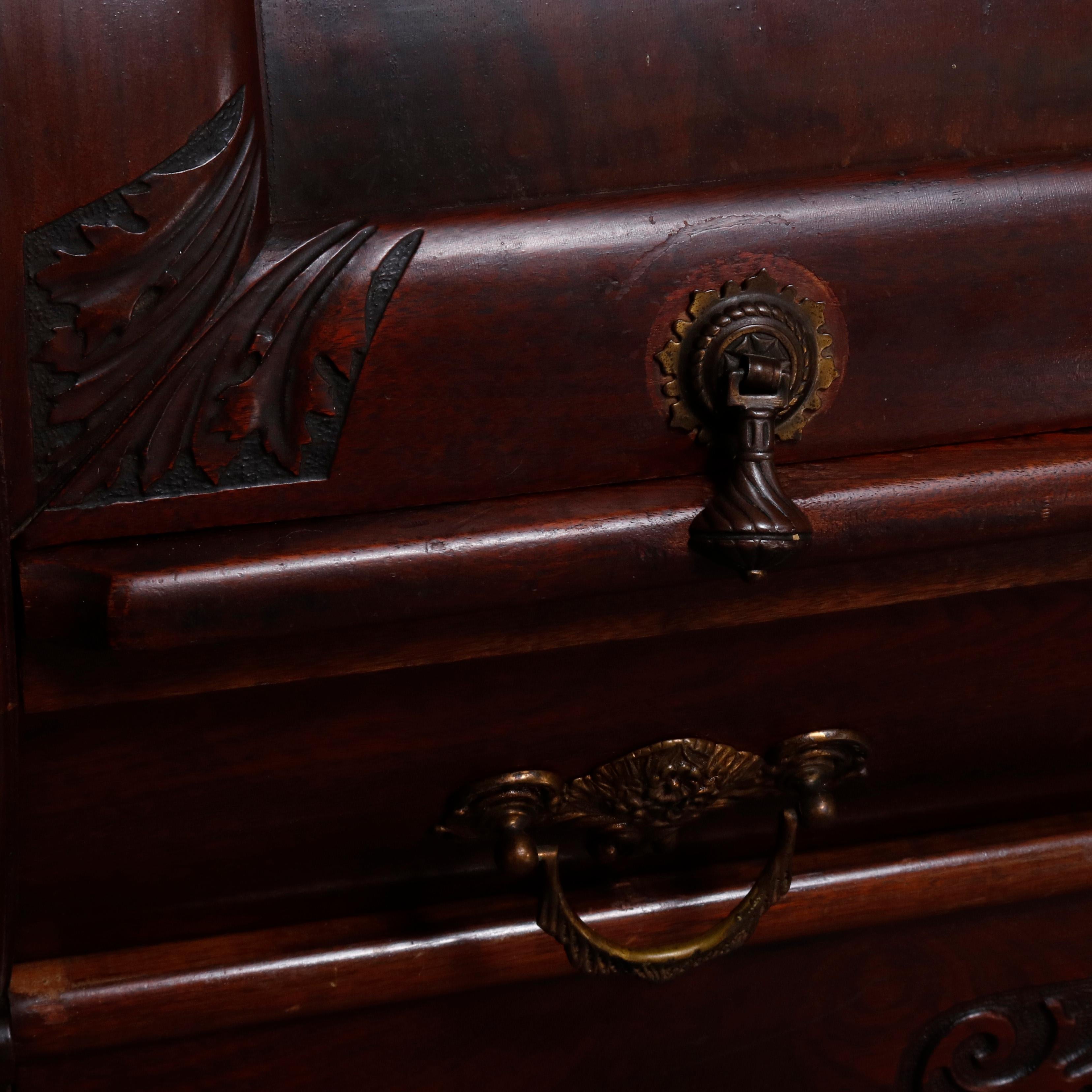 Glass Antique Victorian Carved Burl Walnut Cylinder Bookcase Secretary, circa 1880