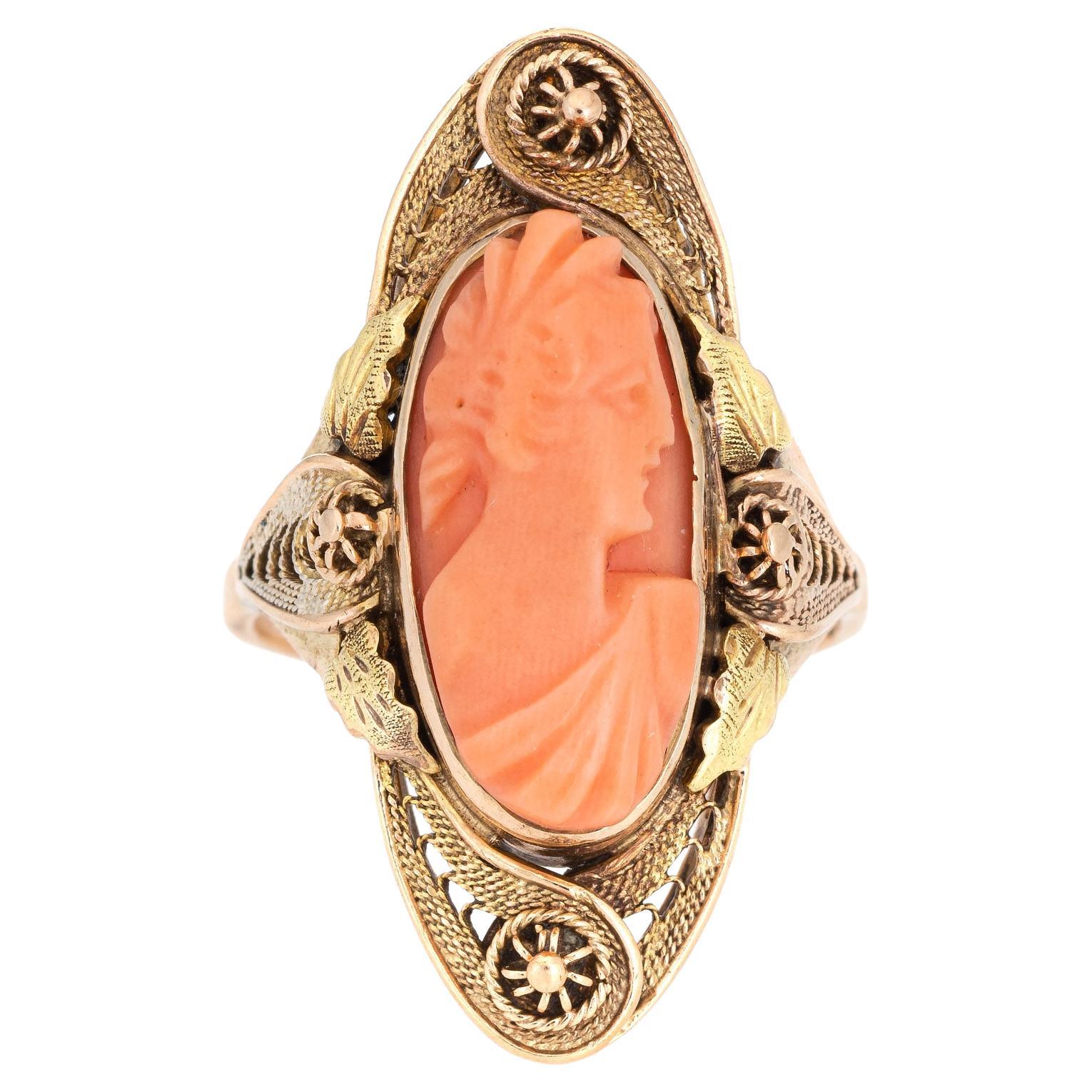 Antique Victorian Carved Cameo Ring 10k Yellow Gold Cannetille Jewelry Vintage For Sale