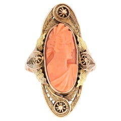 Antique Victorian Carved Cameo Ring 10k Yellow Gold Cannetille Jewelry Vintage