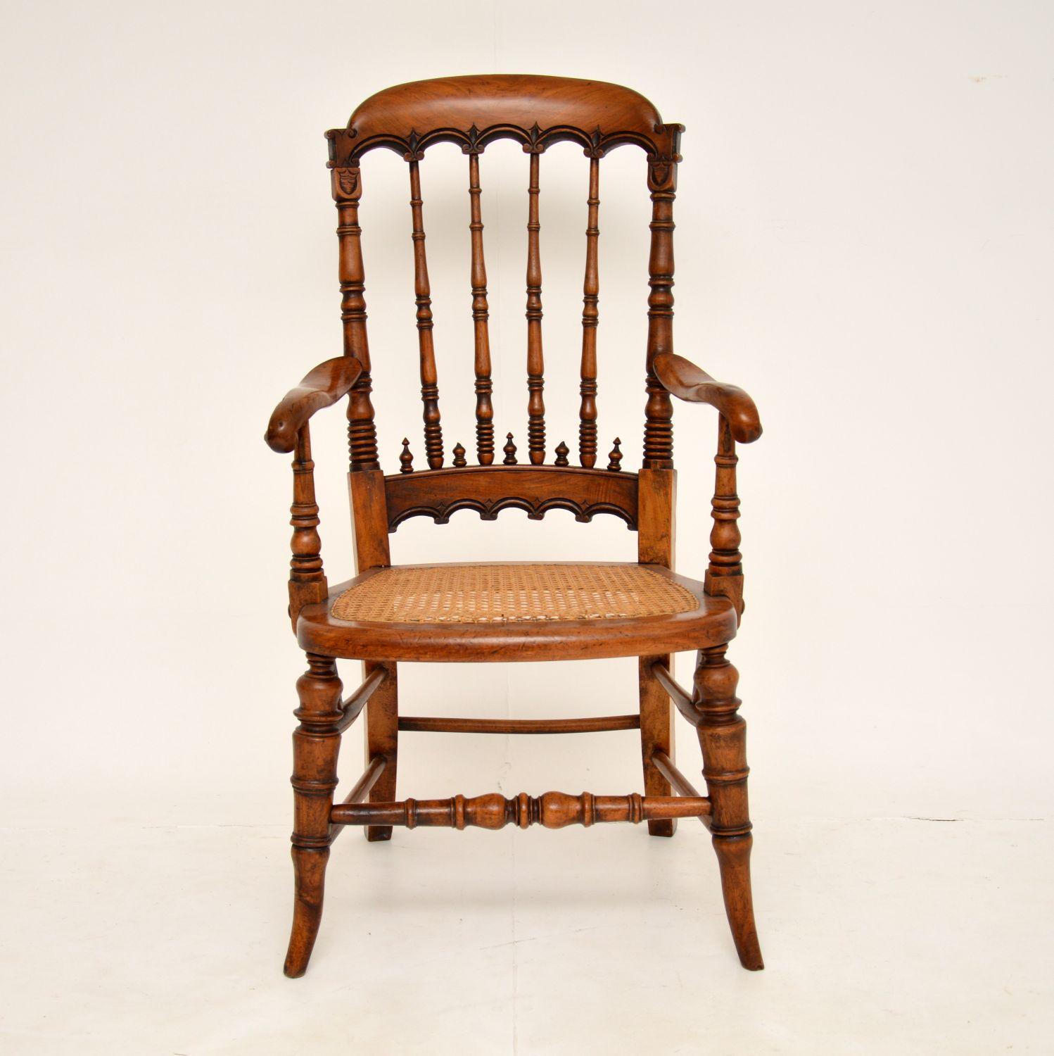 English Antique Victorian Carved & Cane Seated Armchair