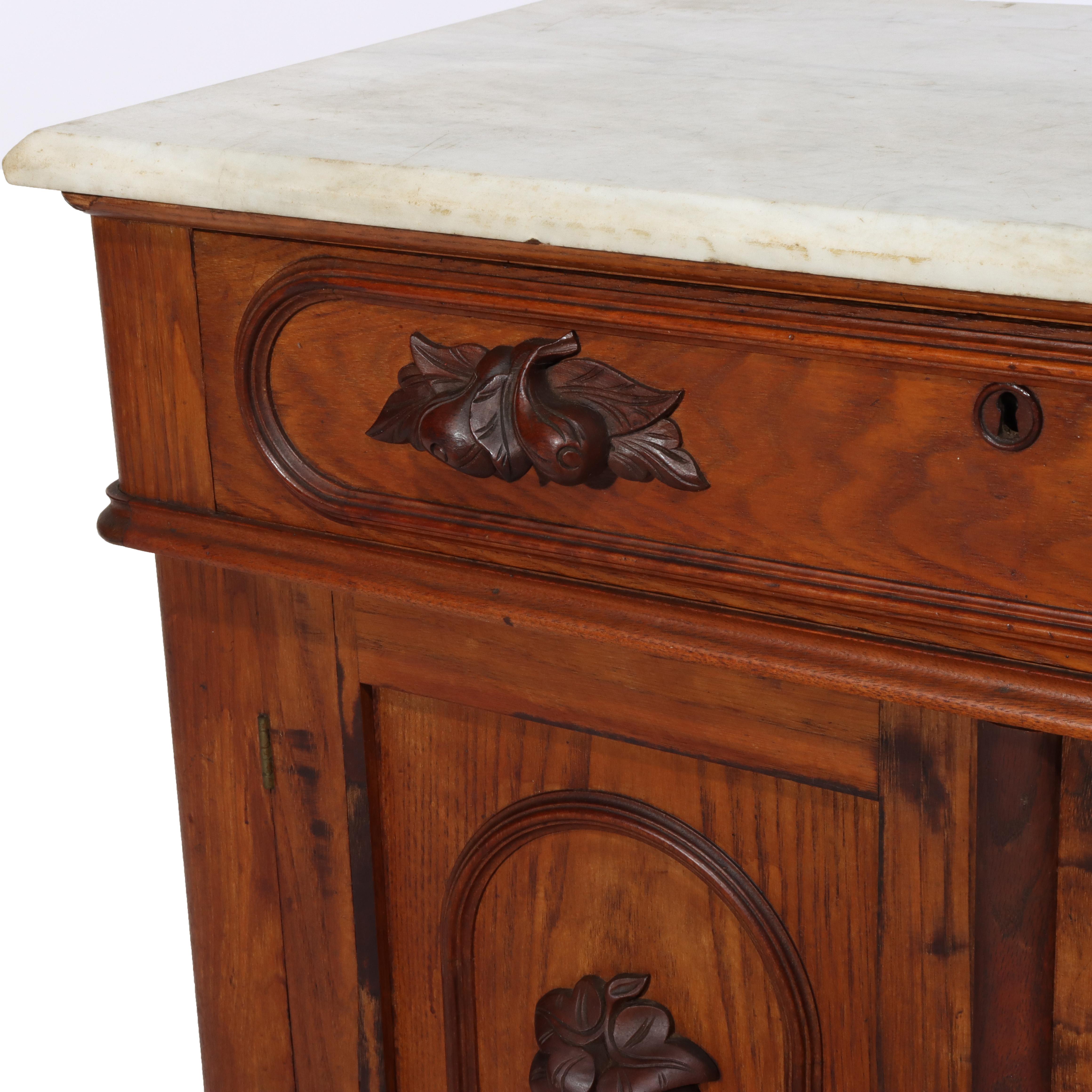 Antique Victorian Carved Chestnut & Walnut Marble Top Washstand c1890 In Good Condition For Sale In Big Flats, NY