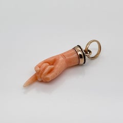 Antique Victorian Style Carved Coral & 14k Gold Pointing Hand Charm / Pendant