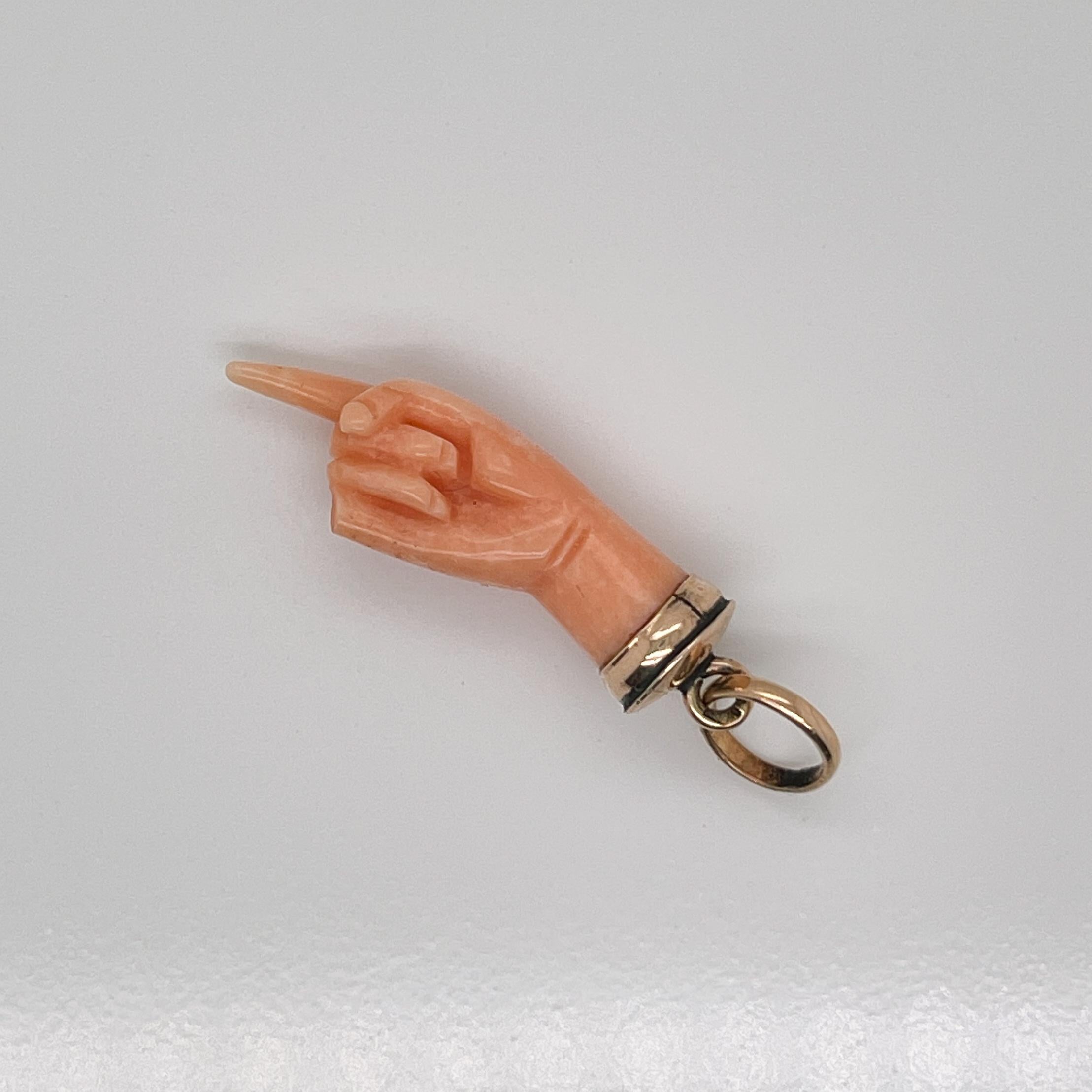 Antique Victorian Style Carved Coral & 14k Gold Pointing Hand Charm / Pendant In Fair Condition In Philadelphia, PA