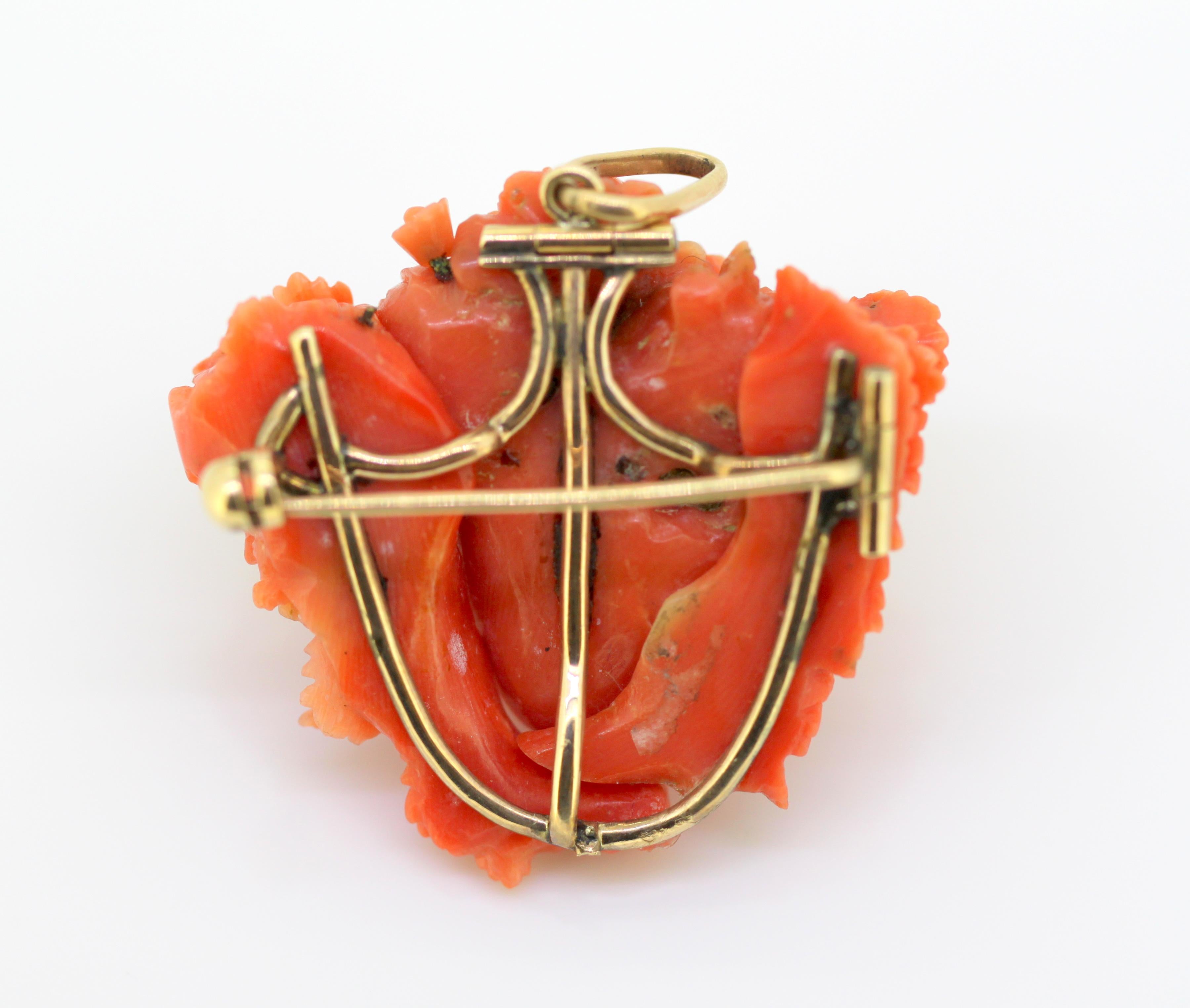 Antique Victorian Carved Coral Brooch or Pendant with 15 Karat Gold, circa 1880s 7