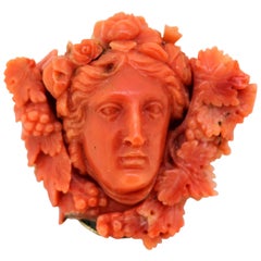 Antique Victorian Carved Coral Brooch or Pendant with 15 Karat Gold, circa 1880s