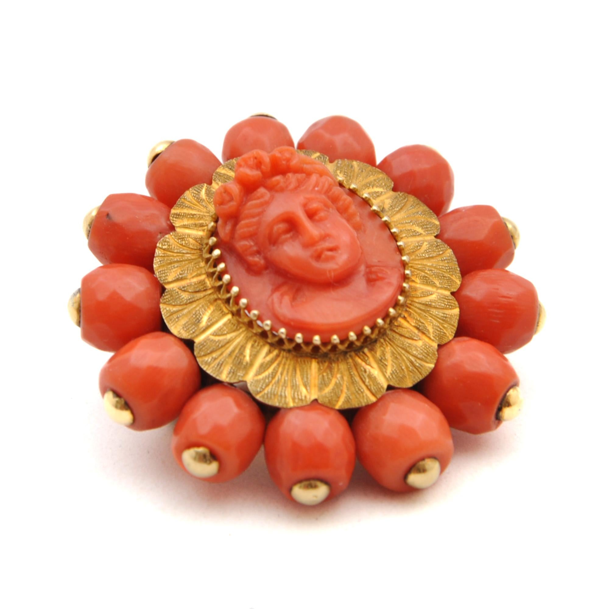 Mixed Cut Antique Victorian Carved Coral Cameo and Gold Brooch For Sale