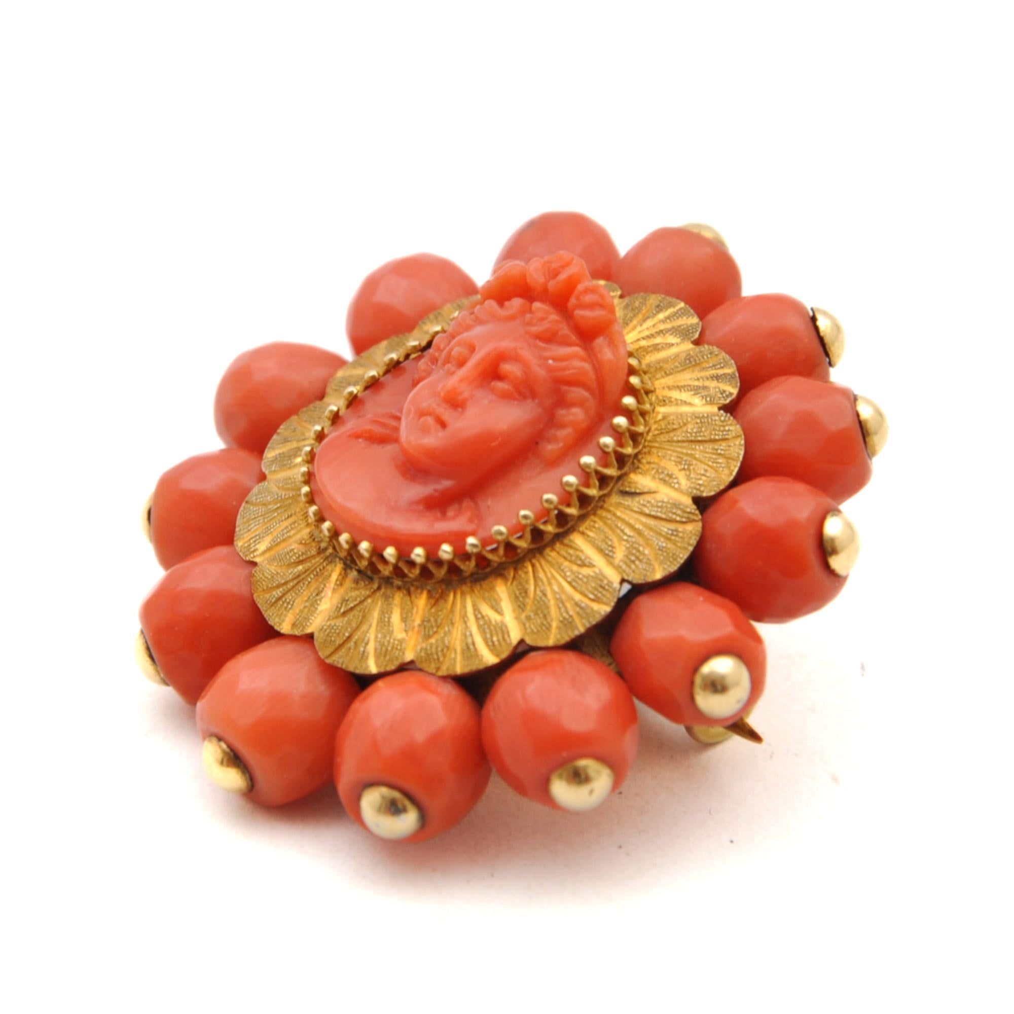 Women's or Men's Antique Victorian Carved Coral Cameo and Gold Brooch For Sale