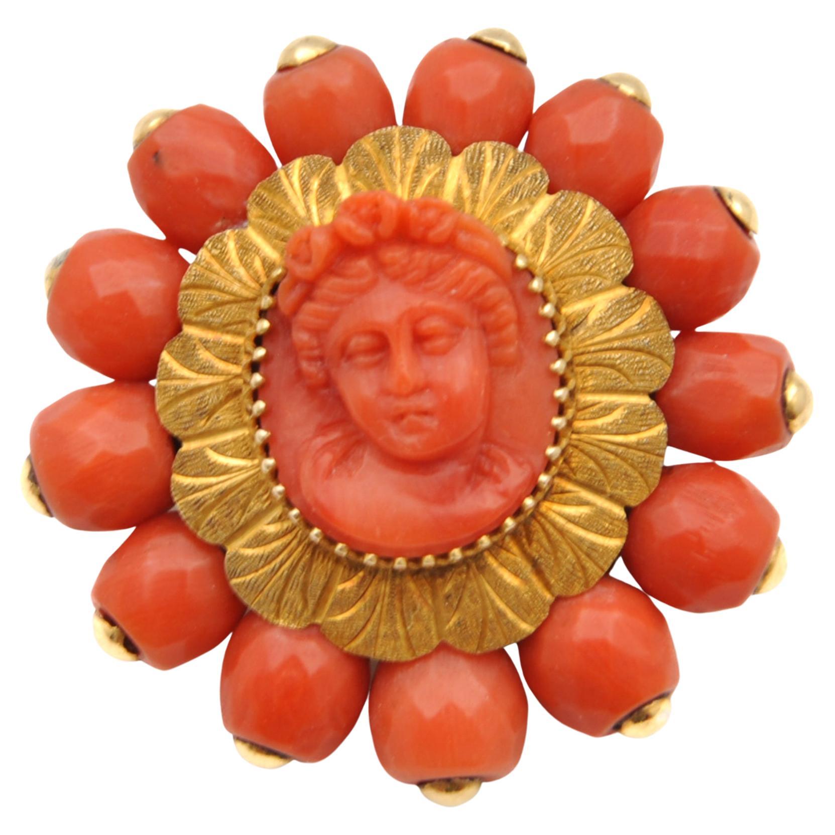 Antique Victorian Carved Coral Cameo and Gold Brooch For Sale