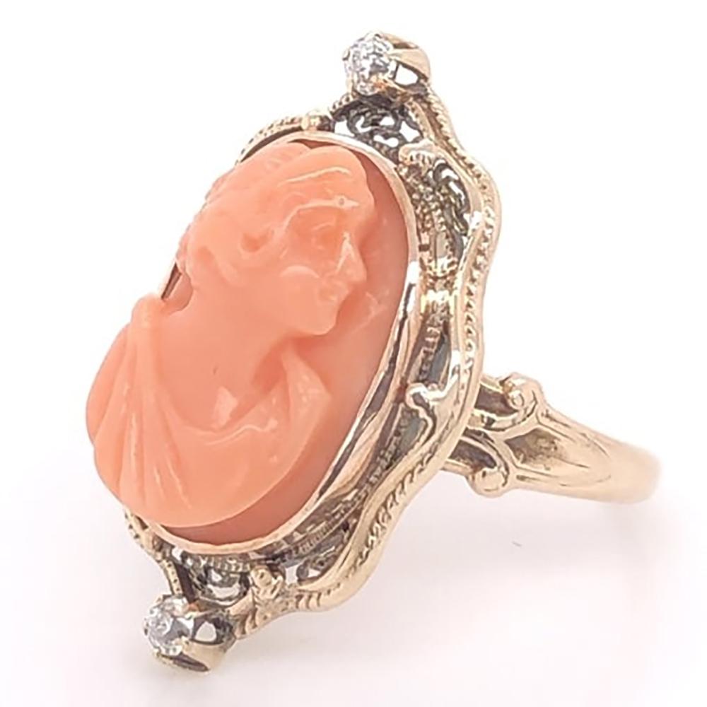 Mixed Cut Antique Victorian Carved Coral Diamond Gold Ring Estate Fine Jewelry