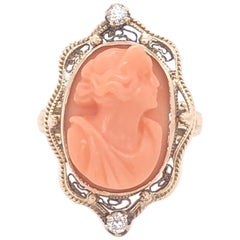 Antique Victorian Coral Carved Diamond Gold Ring Estate Fine Jewelry