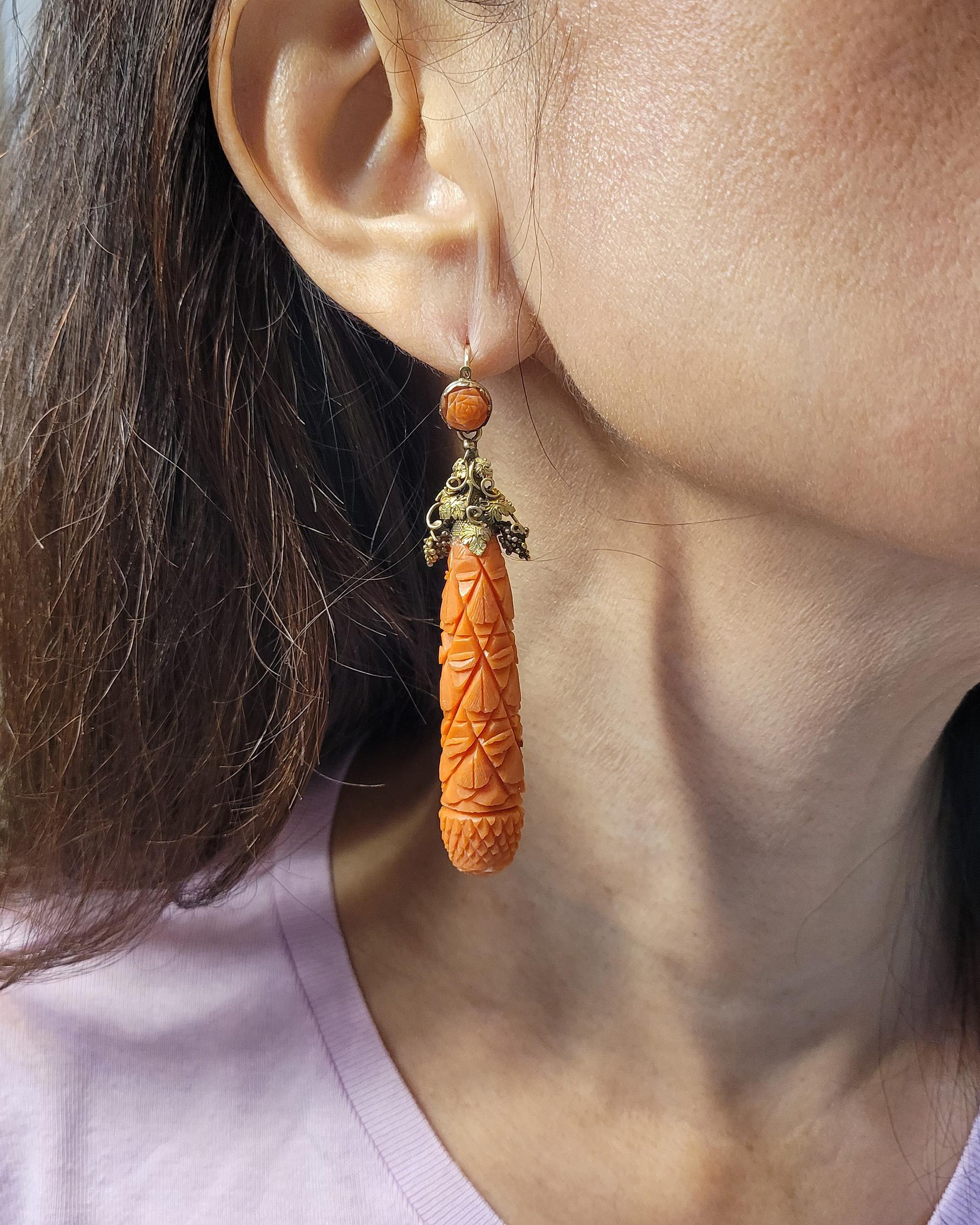 Mixed Cut Antique Victorian Carved Coral Drop Earrings For Sale