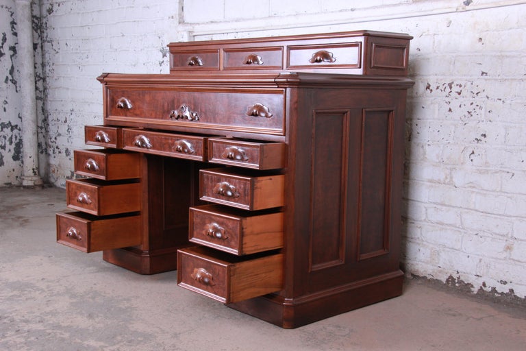 Antique Victorian Carved Flame Mahogany Chicago Railroad Desk, circa