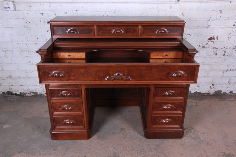 Antique Victorian Carved Flame Mahogany Chicago Railroad Desk, circa