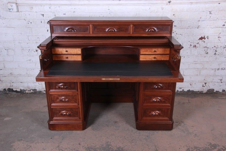 Antique Victorian Carved Flame Mahogany Chicago Railroad Desk, circa