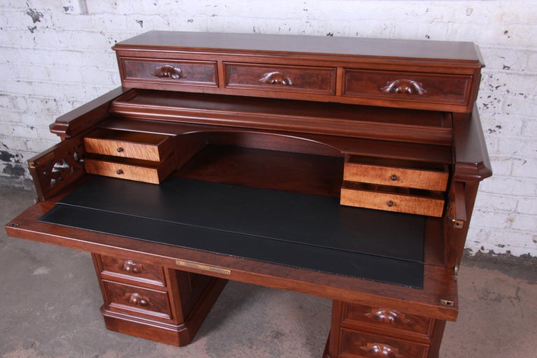 Antique Victorian Carved Flame Mahogany Chicago Railroad Desk, circa