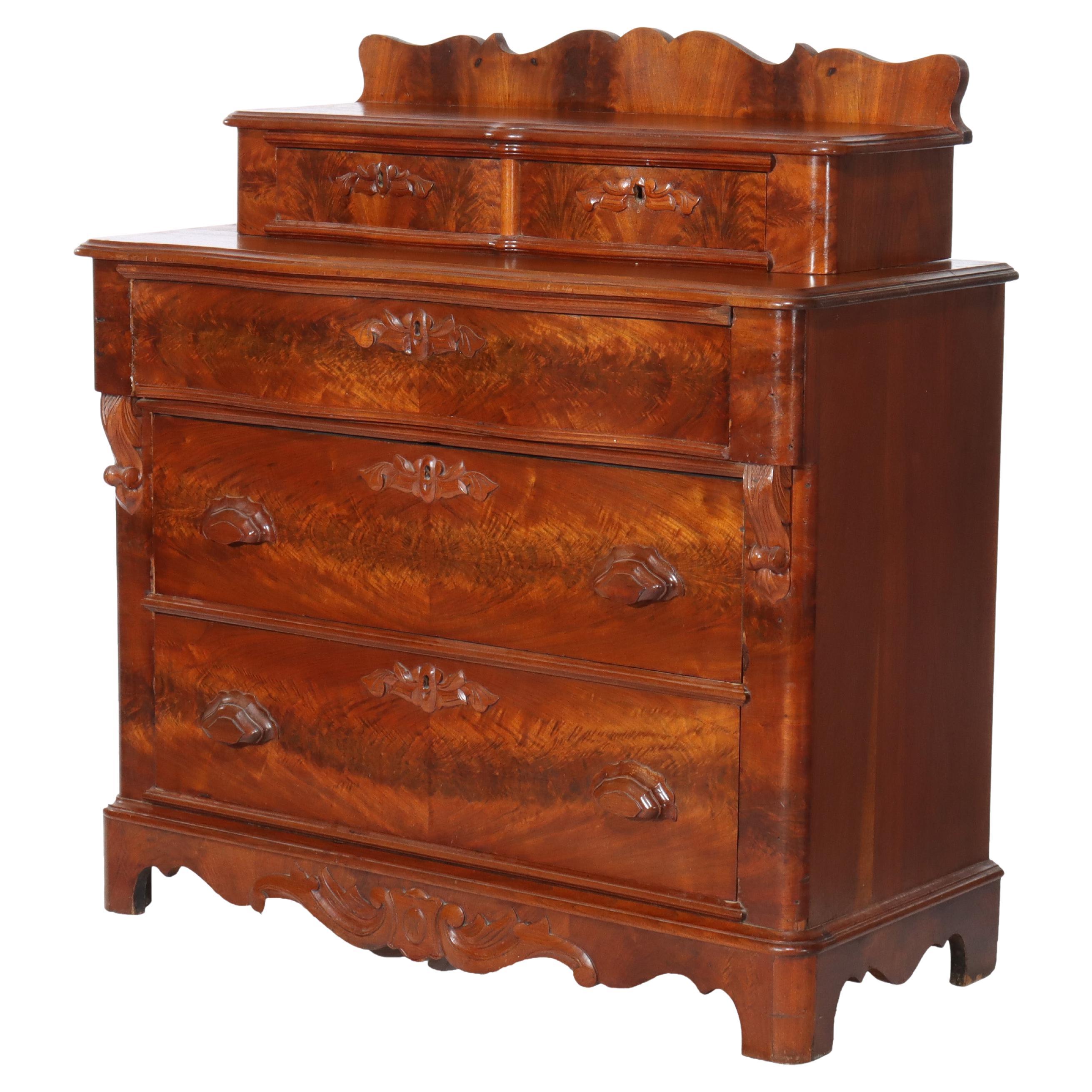 Antique Victorian Carved Flame Mahogany Five Drawer Chest C1880