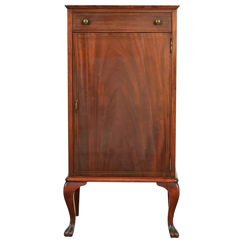 Antique Victorian Carved Inlaid Mahogany Music Cabinet, Circa 1900