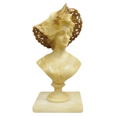 Antique Victorian Carved Italian Alabaster Woman Bust Statue att Adolfo Cipriani