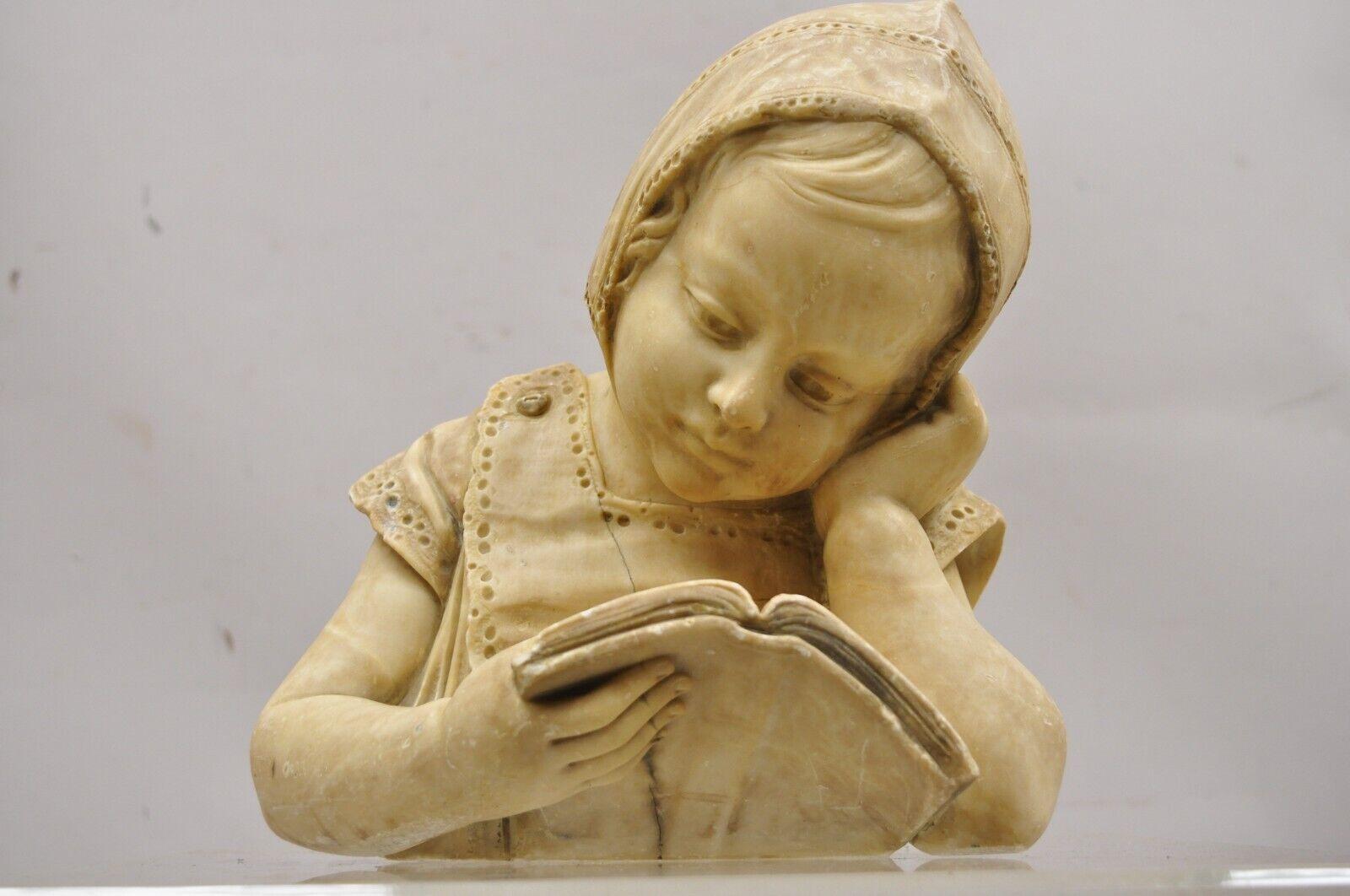 Antique Victorian Carved Italian Marble Bust Girl Reading Book Statue Sculpture. Item features remarkable carving and detail, desirable subject and form, original patina, approx 30 lbs. Circa 1900. Measurements: 11