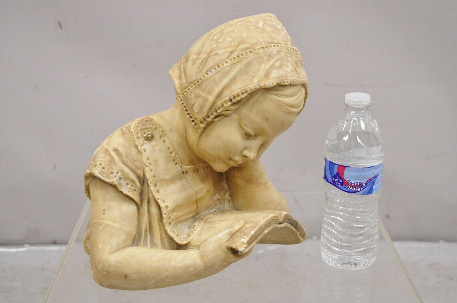 Antique Victorian Carved Italian Marble Bust Girl Reading Book Statue Sculpture In Good Condition In Philadelphia, PA