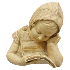 Antique Victorian Carved Italian Marble Bust Girl Reading Book Statue Sculpture