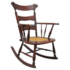 Antique Victorian Carved Mahogany Figural Eagle Cane Seat Rocker Rocking Chair