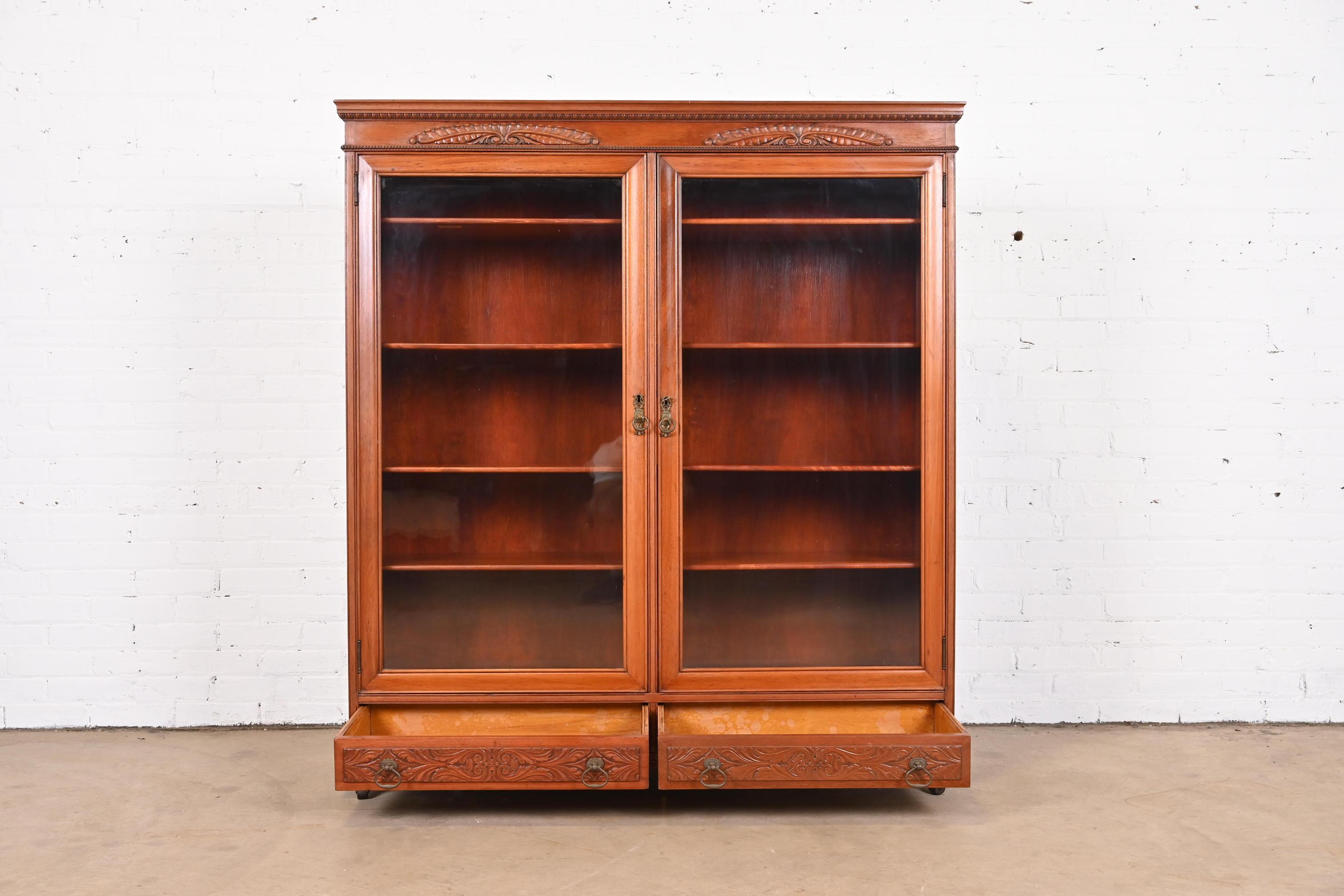 Antique Victorian Carved Mahogany Glass Front Double Bookcase, Circa 1900 3