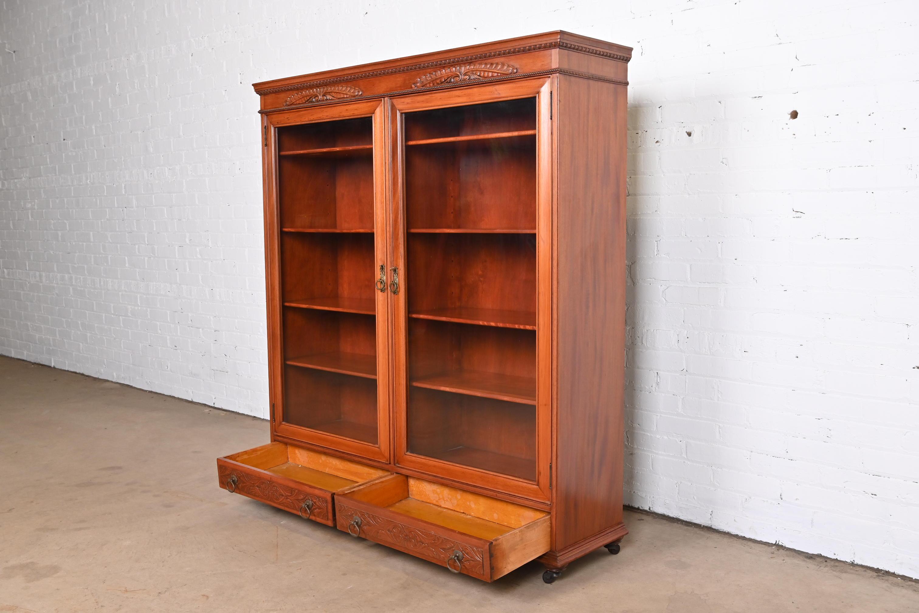 Antique Victorian Carved Mahogany Glass Front Double Bookcase, Circa 1900 4