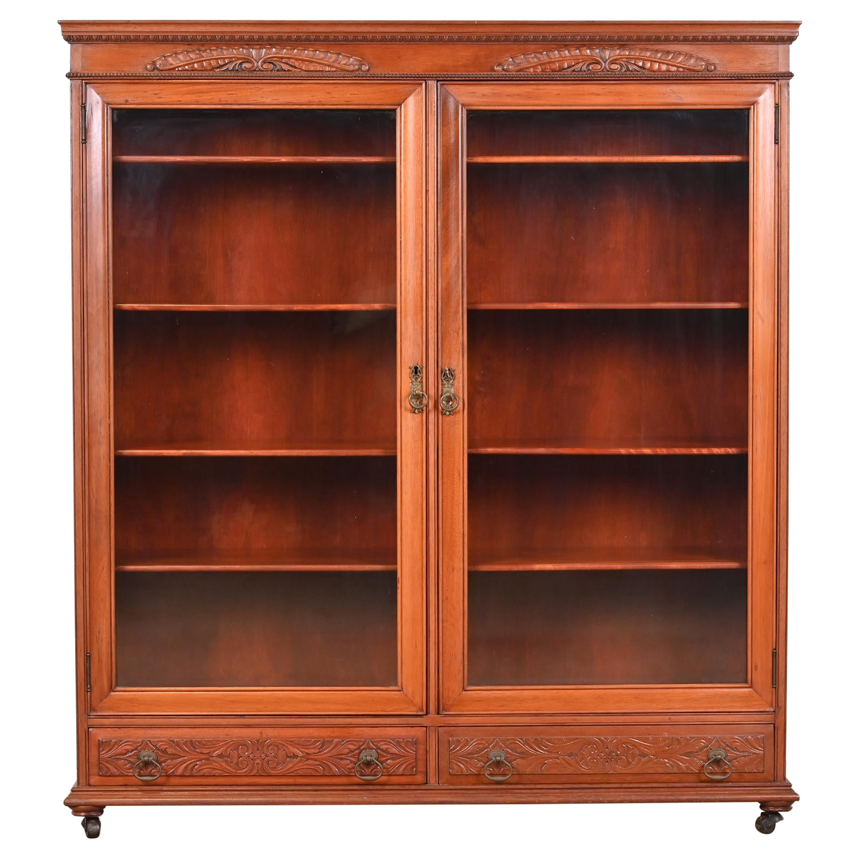 Antique Victorian Carved Mahogany Glass Front Double Bookcase, Circa 1900