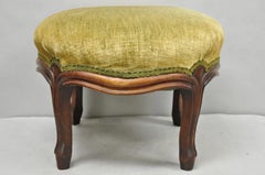 Antique Victorian Carved Mahogany Green Mohair Fabric Round Footstool Ottoman