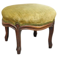 Antique Victorian Carved Mahogany Green Mohair Fabric Round Footstool Ottoman