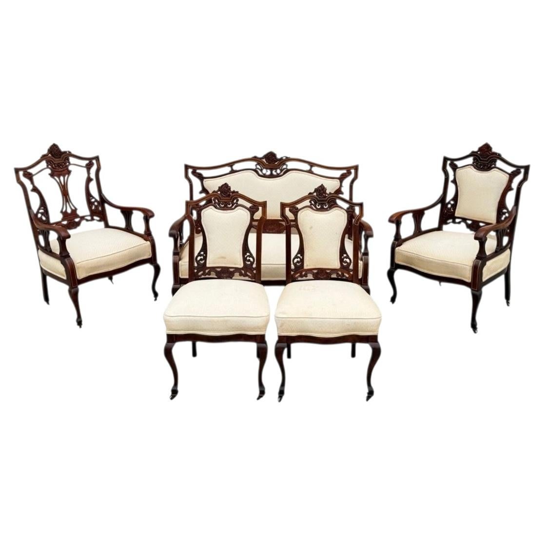 Ensemble de salon victorien ancien en acajou sculpté et incrusté, composé d'un canapé et de 4 fauteuils – 5 pièces