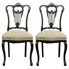 Antique Victorian Carved Mahogany Lyre Back Small Accent Side Chairs - a Pair