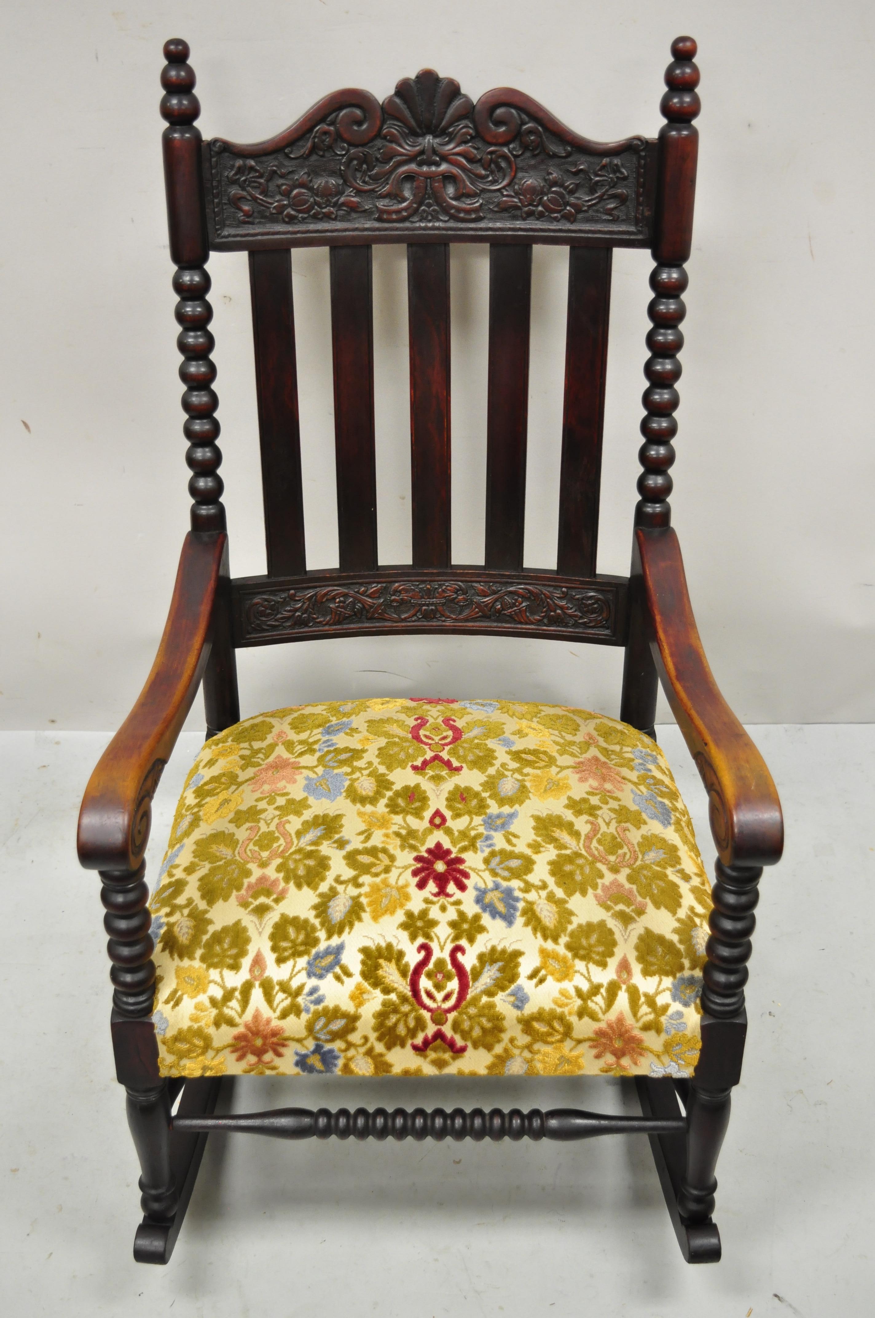Antique fauteuil à bascule Victorien en acajou sculpté Northwind Face Cornucopia Rocking Chair 6