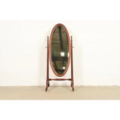 Antique Victorian Carved Mahogany Oval Cheval Floor Mirror, Circa 1890s