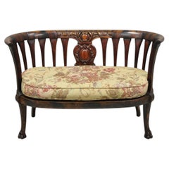 Antique Victorian Carved Mahogany Paw Foot Barrel Back Settee Loveseat Sofa