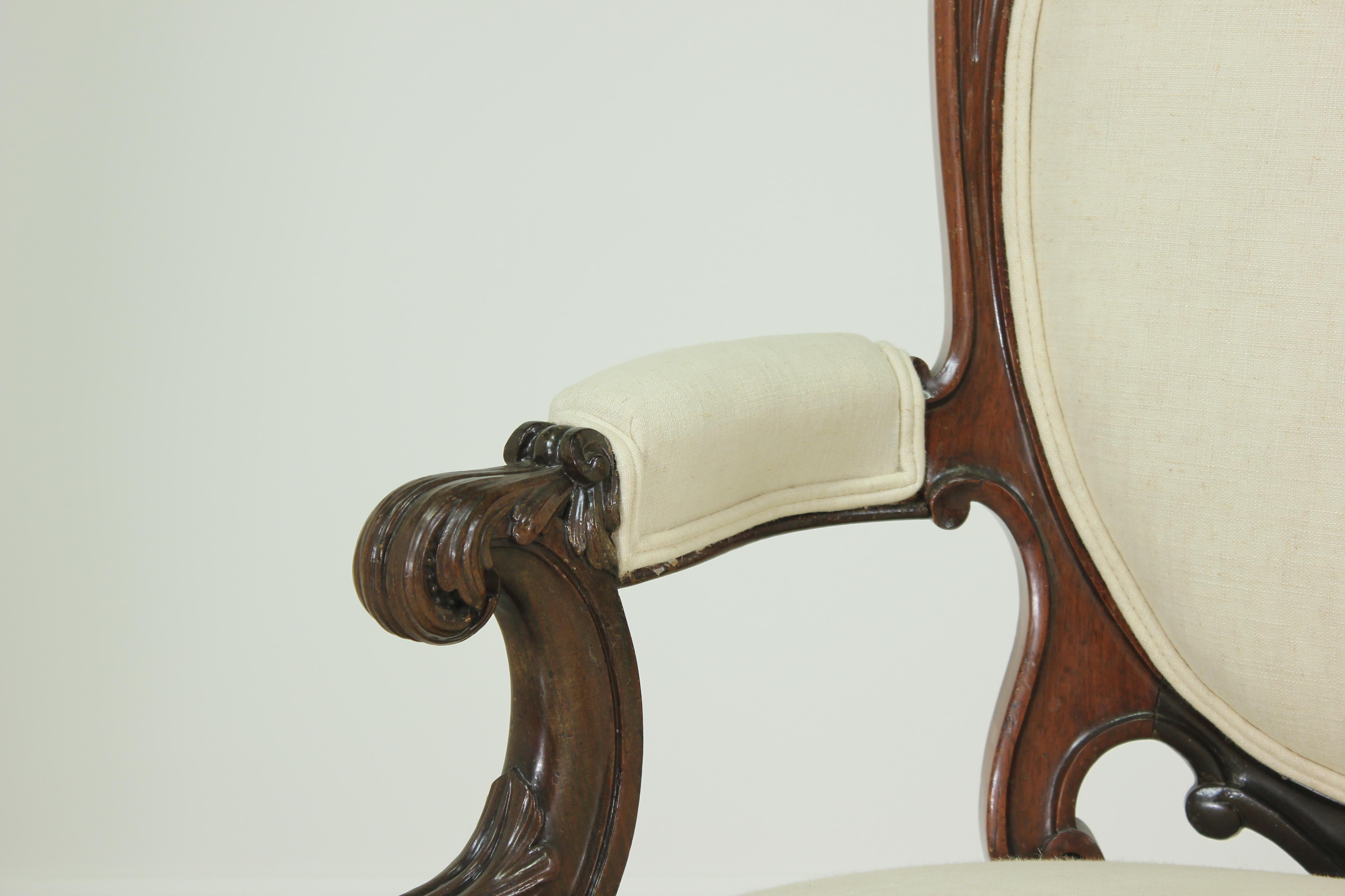 Fabric Antique Victorian Carved Mahogany Sofa