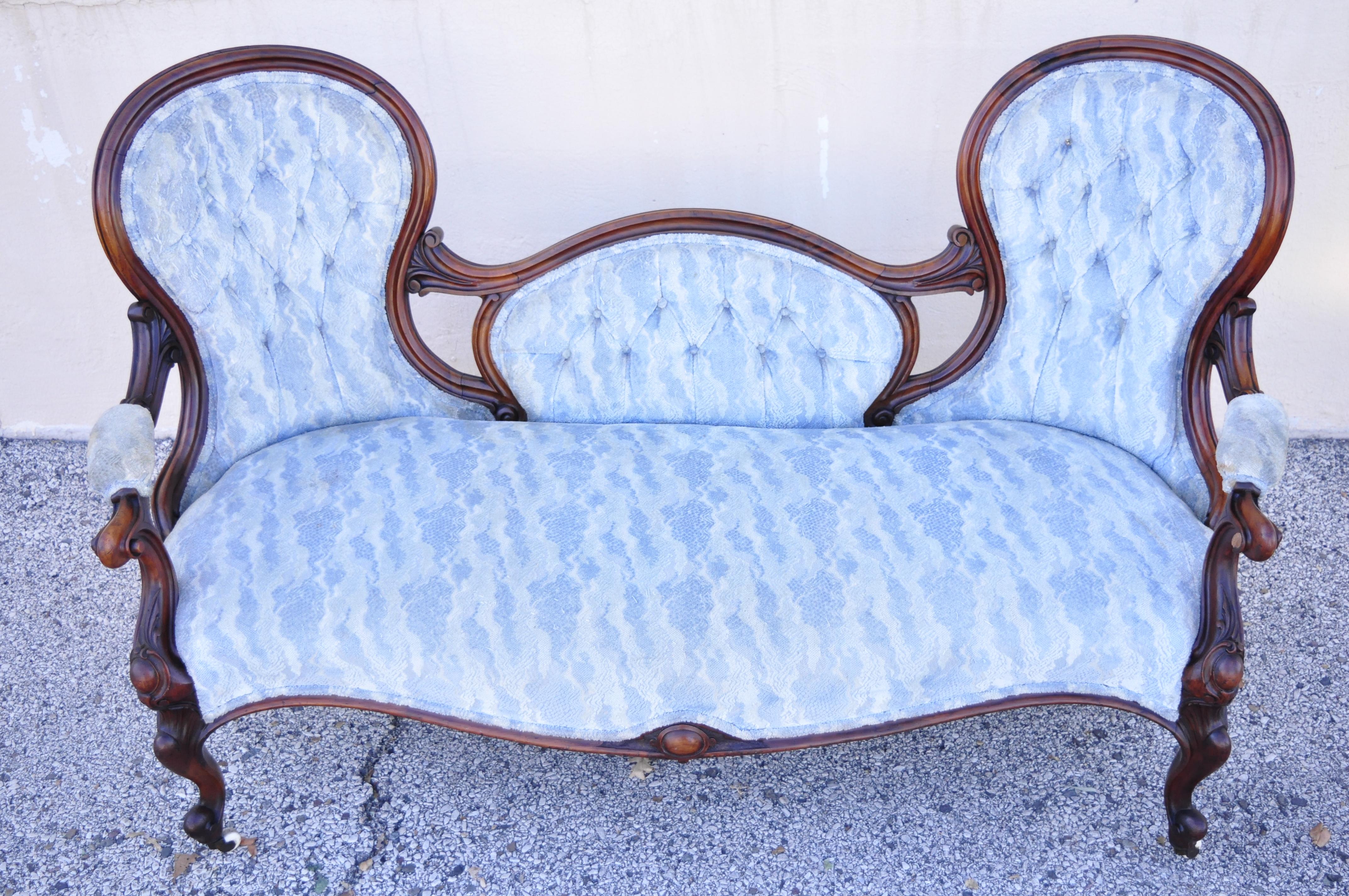 Antique Victorian Carved Mahogany Triple Hump Back Parlor Fireside Sofa For Sale 4