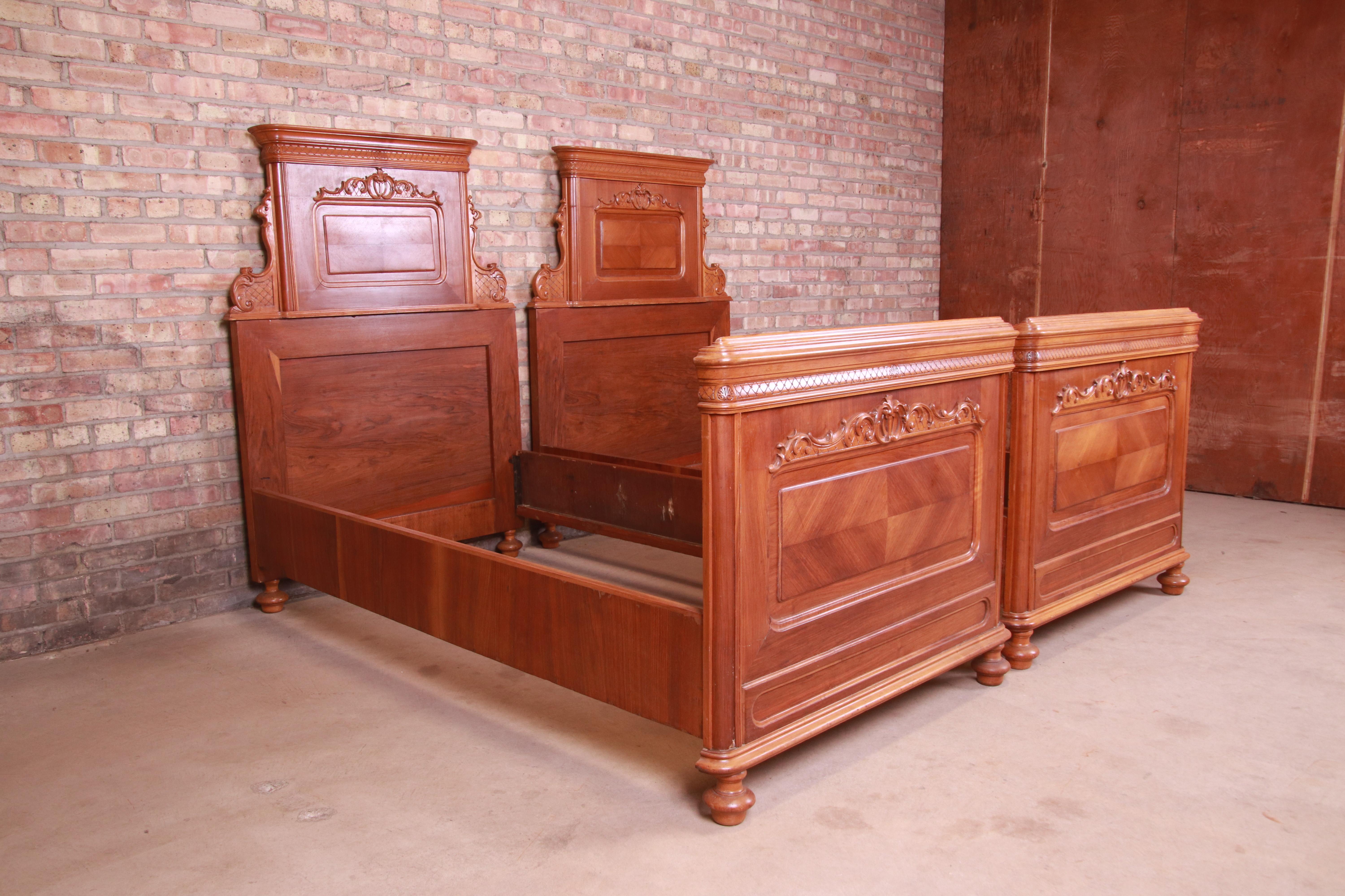19th Century Antique Victorian Carved Mahogany Twin Beds, Pair