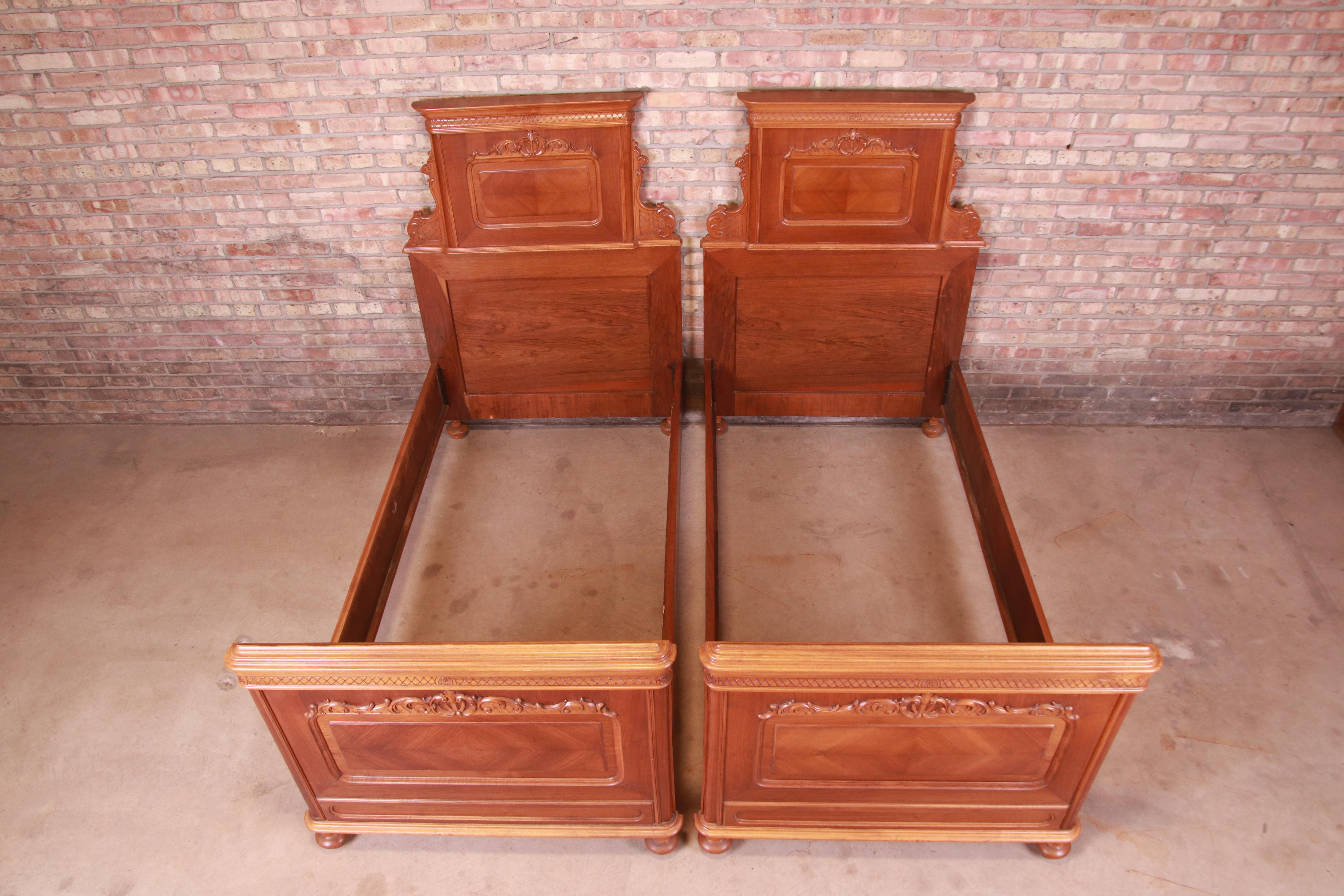 Antique Victorian Carved Mahogany Twin Beds, Pair 1