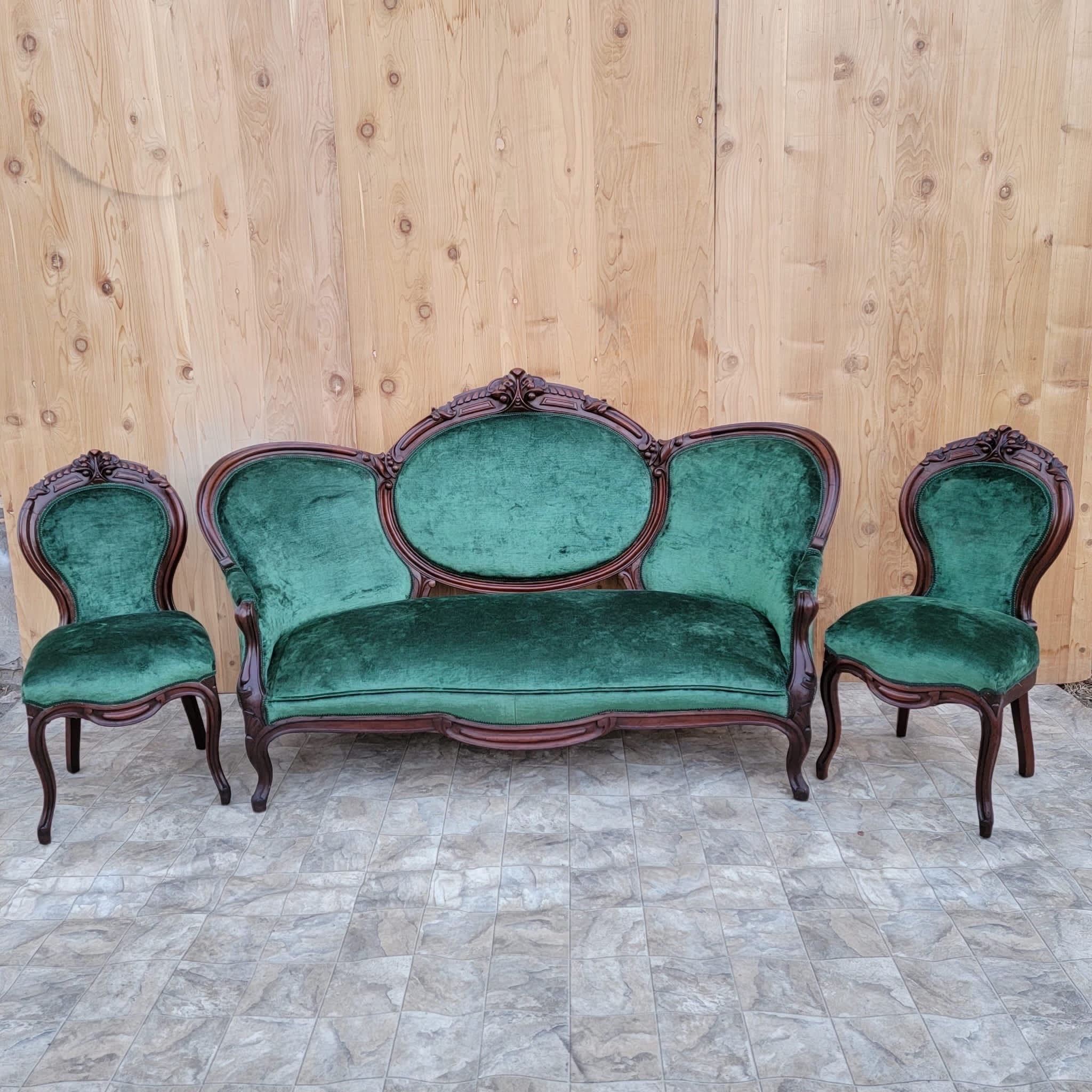 Antique Victorian carved medallion back sofa with 2 side chairs newly upholstered in a plush 