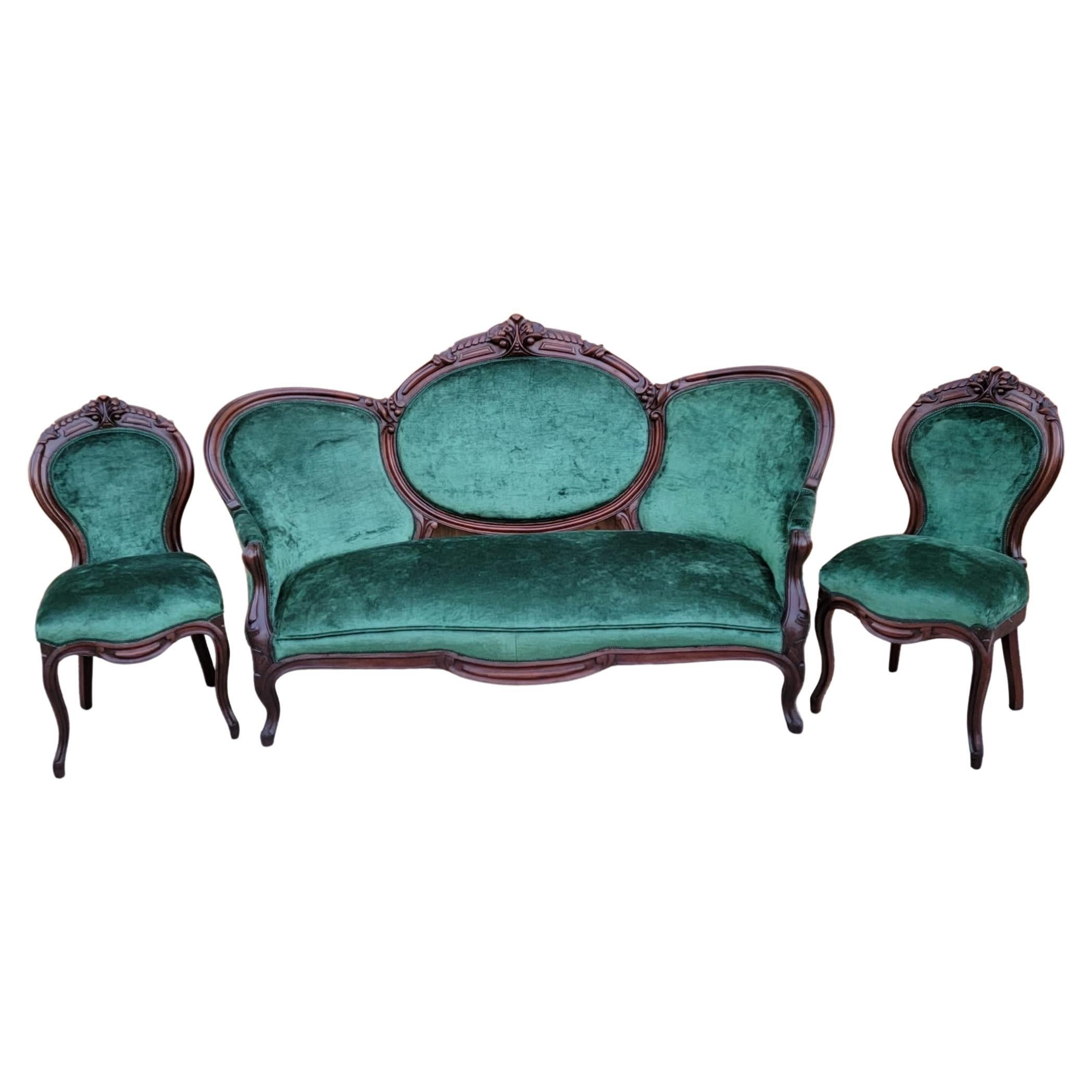 Antique Victorian Carved Medallion Back Sofa with 2 Side Chairs Parlor Set  For Sale at 1stDibs | medallion sofa, antique parlor couch, victorian sofa  set