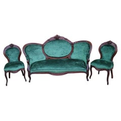Antique Victorian Carved Medallion Back Sofa with 2 Side Chairs Parlor Set