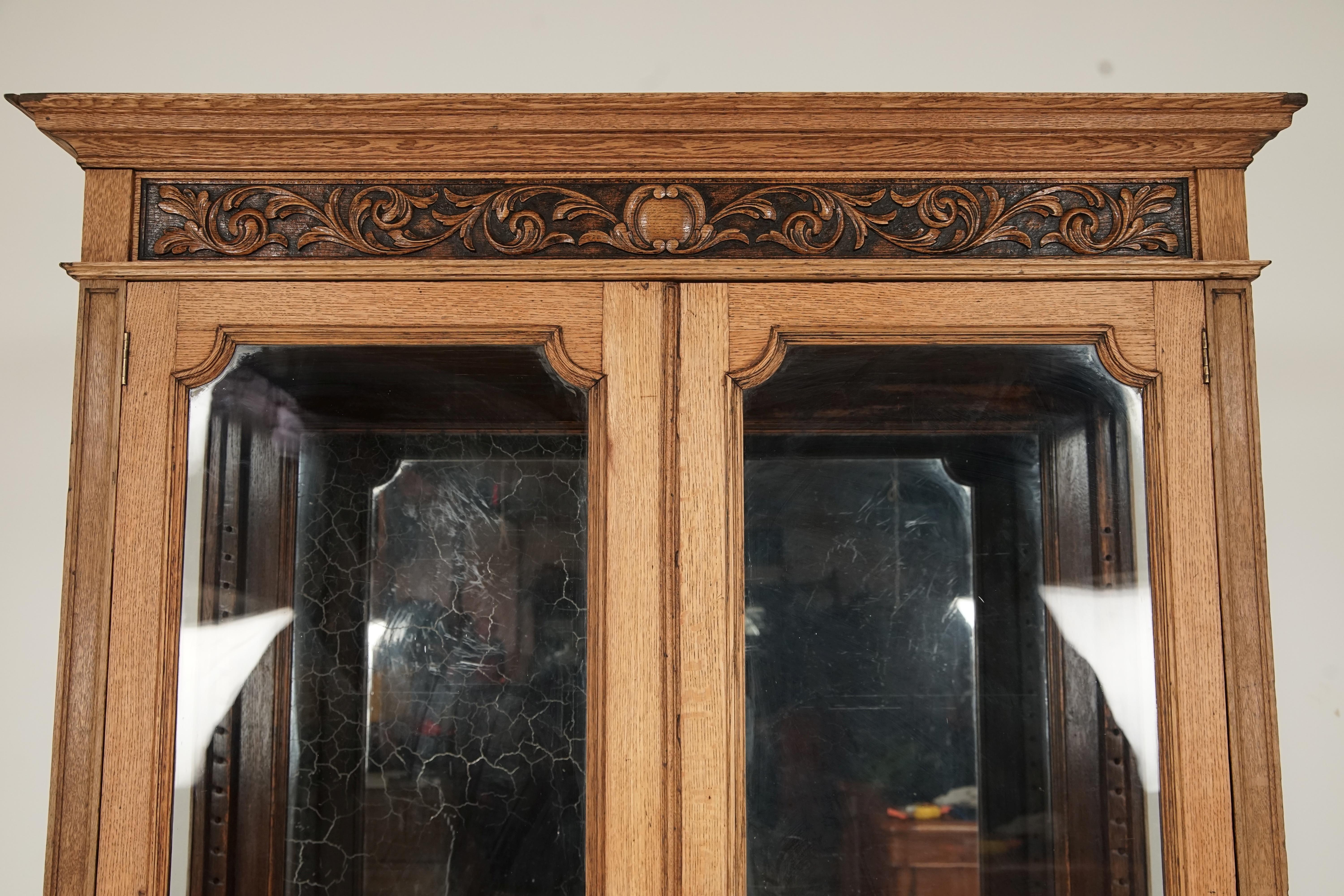 Antique Victorian Carved Oak 2 Door Display China Cabinet, Scotland, H178 3