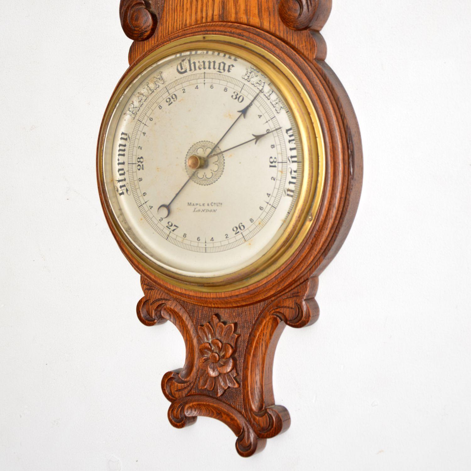 Antique Victorian Carved Oak Banjo Barometer by Maple & Co For Sale 2